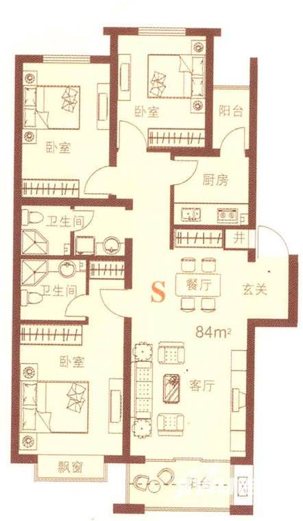 立汇美罗湾2室1厅1卫84㎡户型图