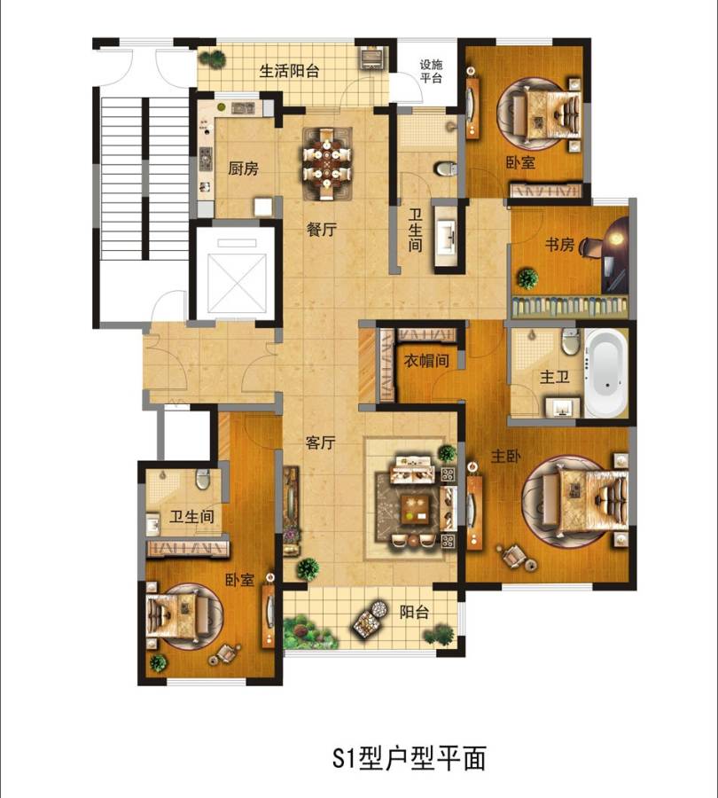 富田九鼎世家戶型圖 s1戶型四室兩廳三衛