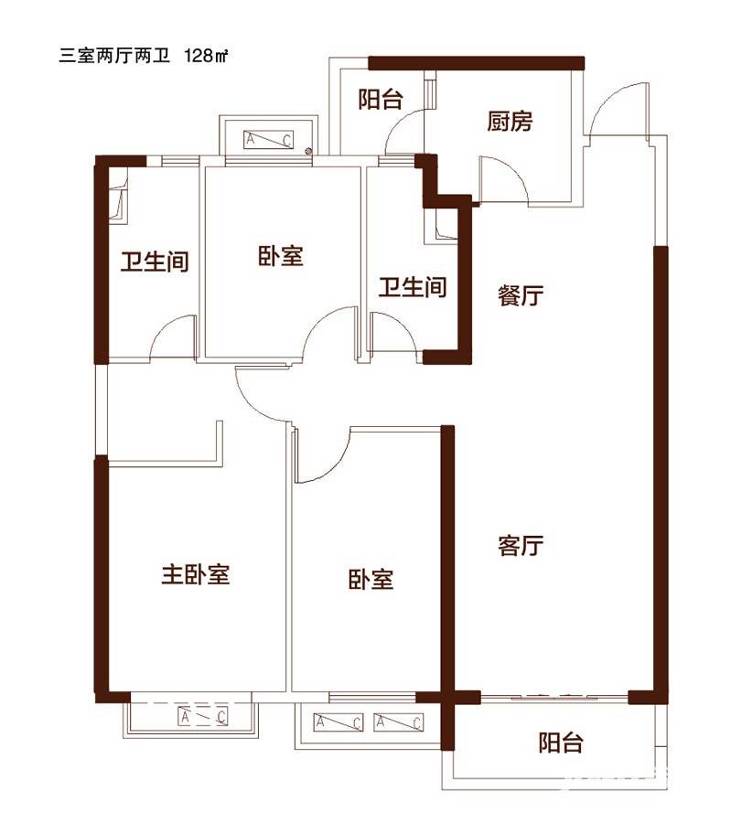 恒大翡翠华庭3室2厅2卫128㎡户型图