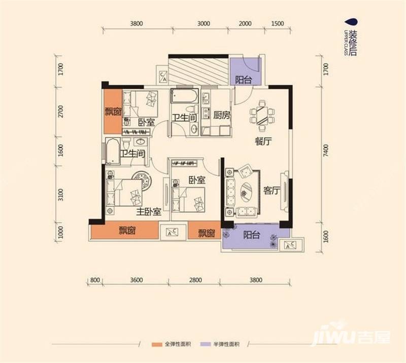 云星钱隆江南3室2厅2卫95.8㎡户型图