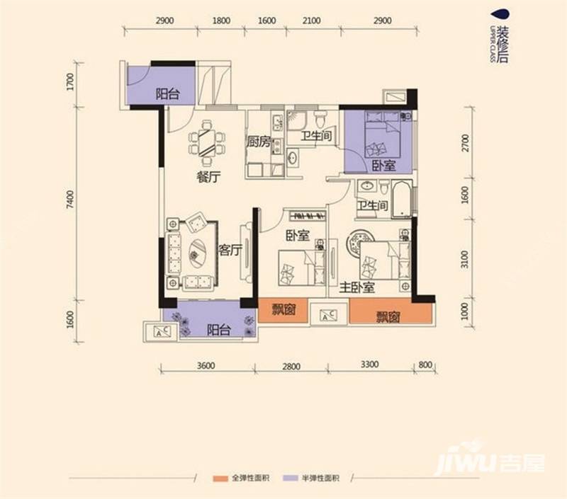 云星钱隆江南3室2厅2卫90.5㎡户型图