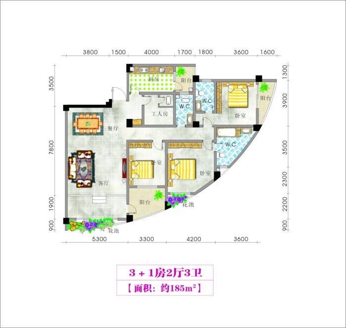 恒大苹果园1室2厅3卫185㎡户型图