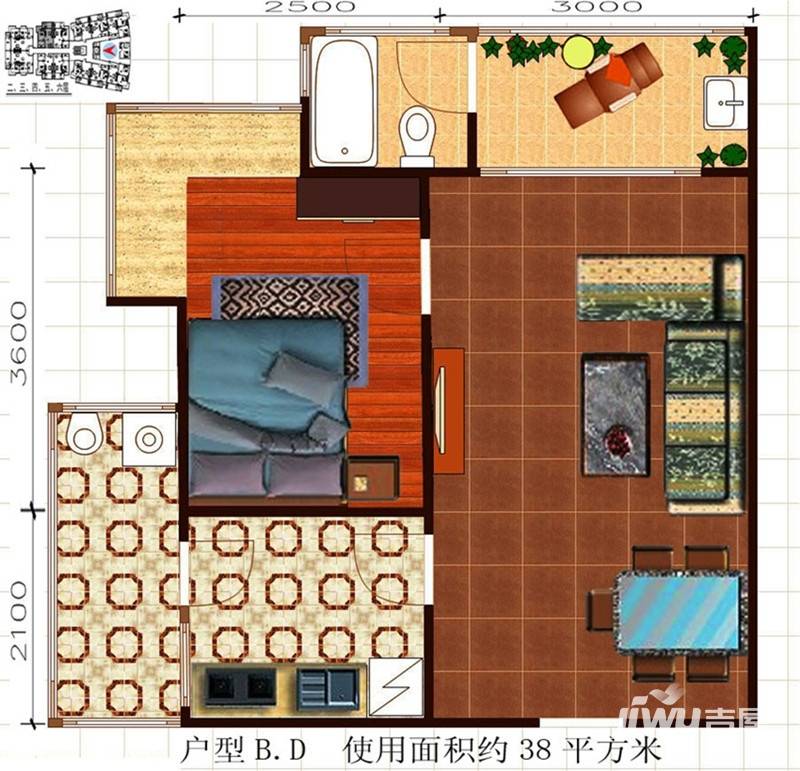 东方海岸假日1室2厅1卫38㎡户型图