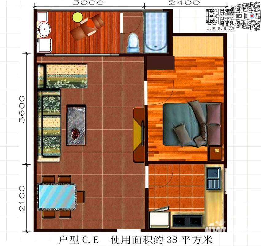 东方海岸假日1室2厅1卫38㎡户型图