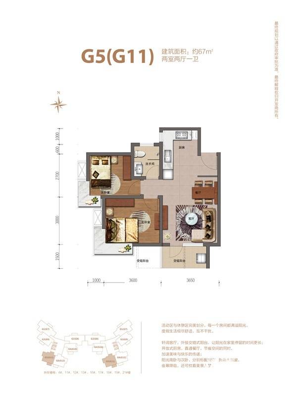 鲁能山海天2室2厅1卫67㎡户型图