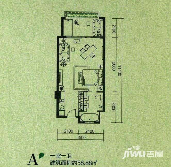 安富雨林海1室1厅1卫58.9㎡户型图