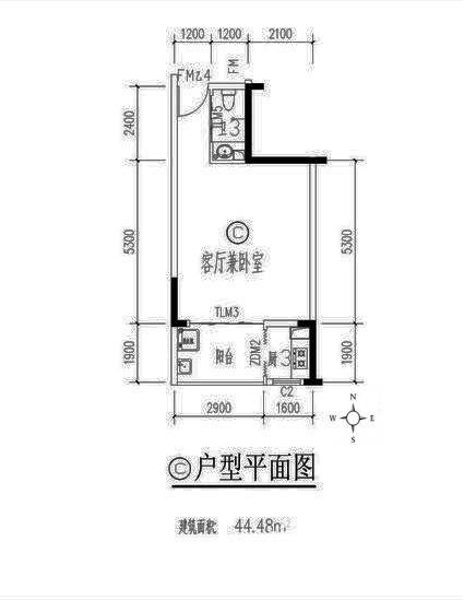 南天太阳城1室1厅1卫44.5㎡户型图