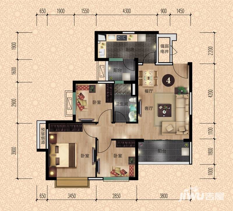 恒大·翡翠龙庭3室2厅1卫90㎡户型图