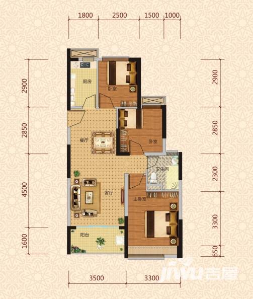 恒大·翡翠龙庭3室2厅1卫88㎡户型图