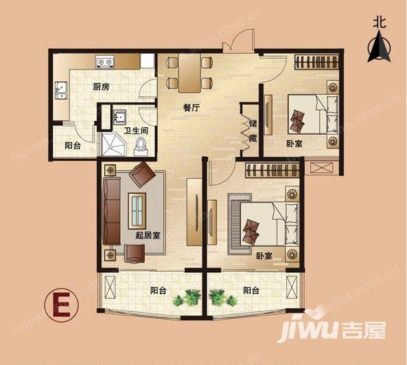 爱法山水国际3室2厅1卫105㎡户型图