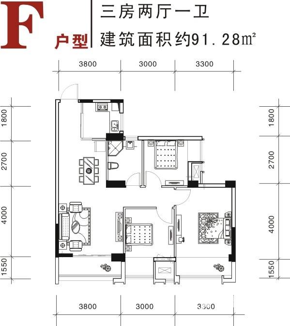 德臣·金海花园3室2厅1卫91.3㎡户型图