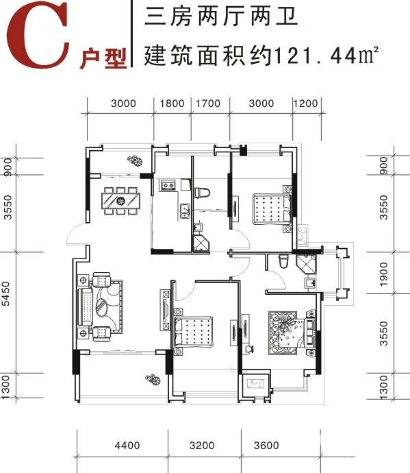 德臣·金海花园3室2厅2卫121.4㎡户型图