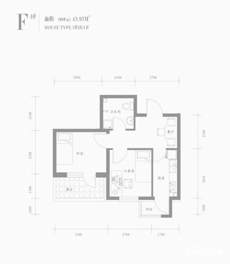 共成玫瑰园1室2厅1卫44㎡户型图