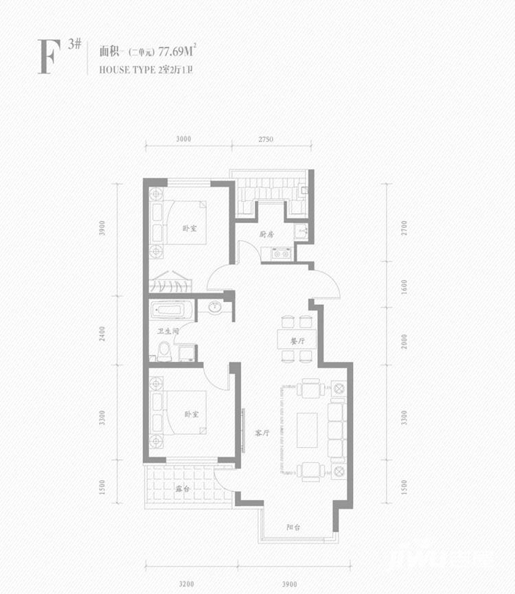 共成玫瑰园2室2厅1卫77.7㎡户型图