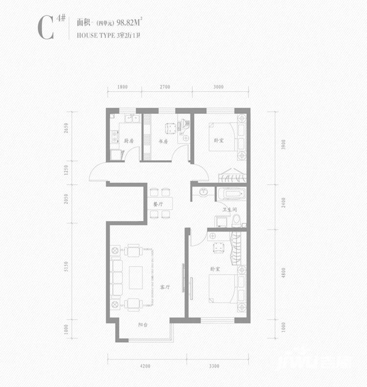 共成玫瑰园3室2厅1卫98.8㎡户型图