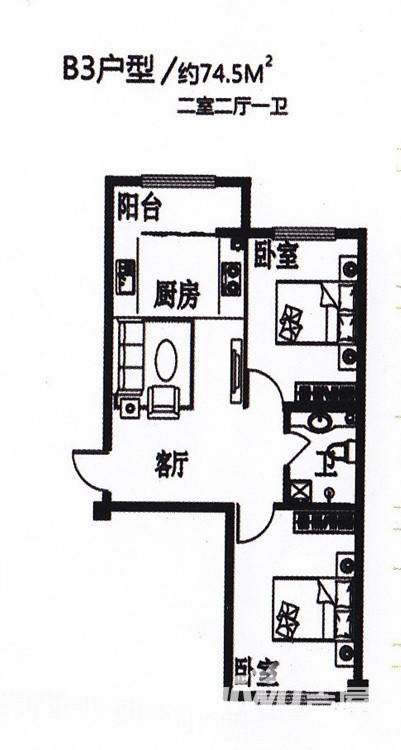 智胜家园2室2厅1卫74.5㎡户型图