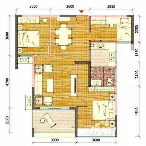 福城立欣洲3室2厅1卫100.5㎡户型图