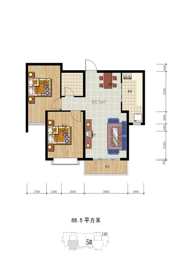 万博华景2室1厅1卫88.5㎡户型图