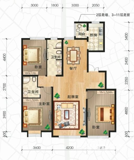 亿利傲东国际3室2厅2卫144㎡户型图