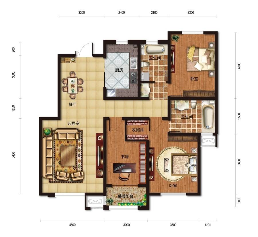 松江城玫瑰郡2室2厅1卫154㎡户型图