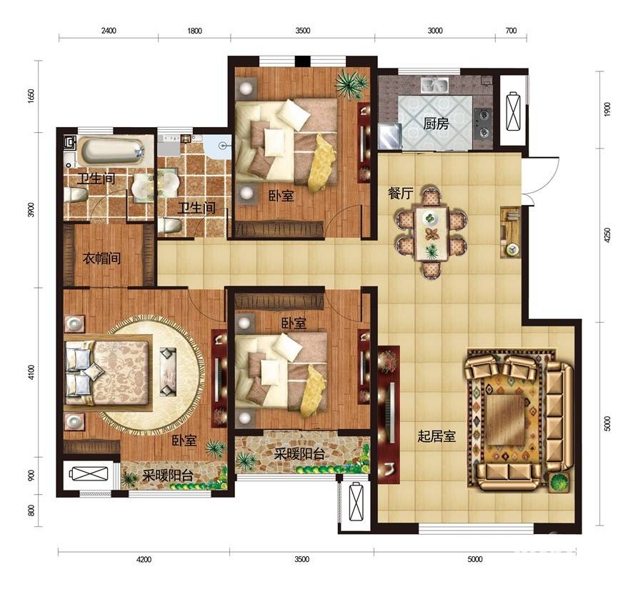 松江城玫瑰郡3室2厅2卫136㎡户型图