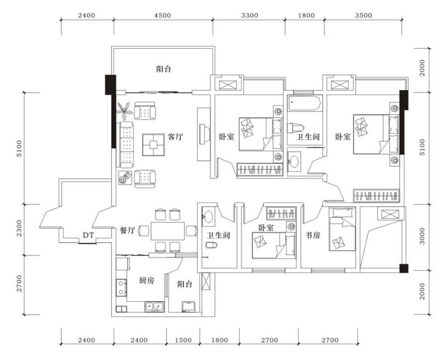 田森奥林春天4室2厅2卫138.3㎡户型图