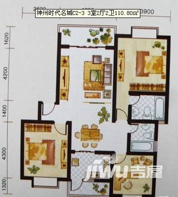 神州时代名城3室2厅2卫110.8㎡户型图