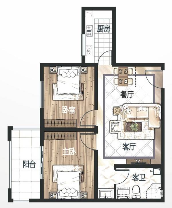 衡达地标2室2厅1卫76.5㎡户型图