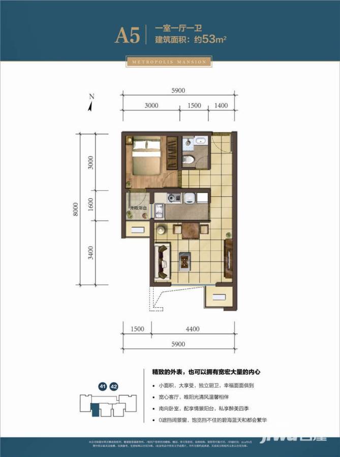 远洋海逸世家1室1厅1卫53㎡户型图