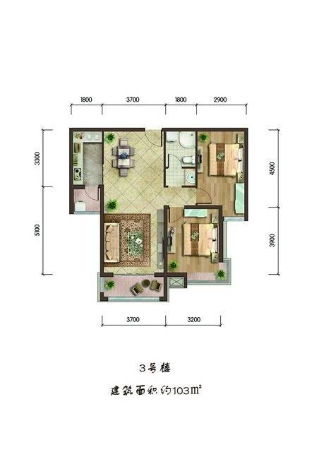 翠岛天成2室2厅1卫103㎡户型图