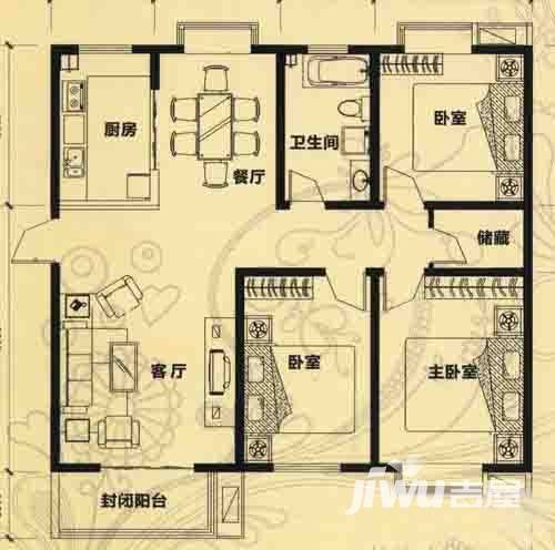 海韵阳光二期3室2厅1卫129.2㎡户型图