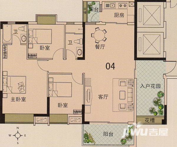 盛南新都3室2厅2卫127.5㎡户型图