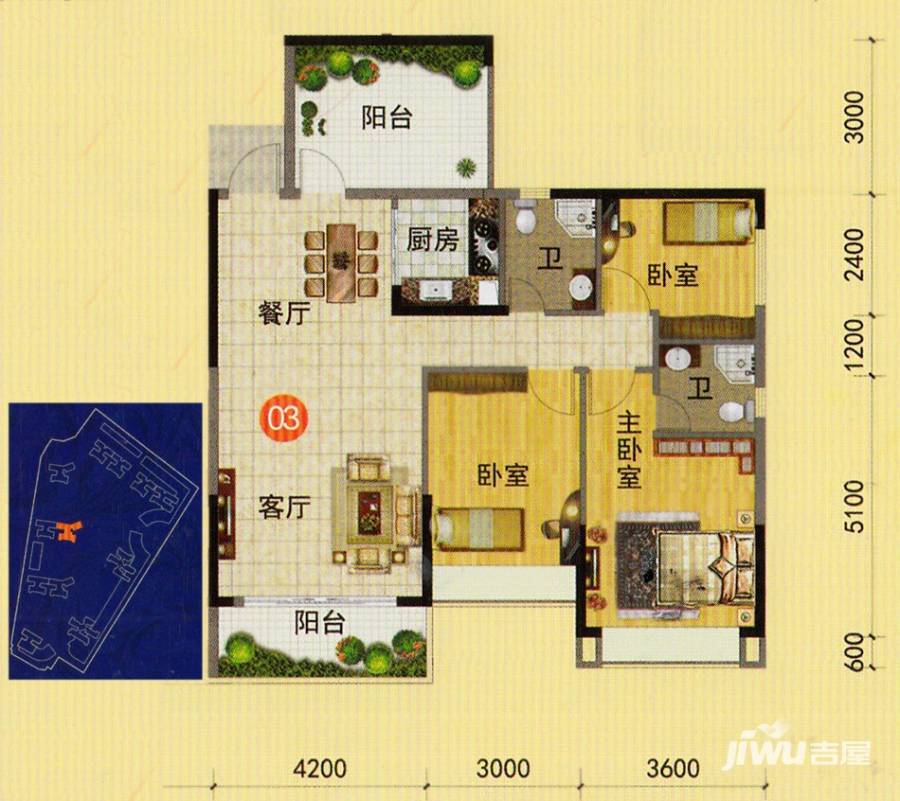 柏悦华府4室2厅2卫118.4㎡户型图