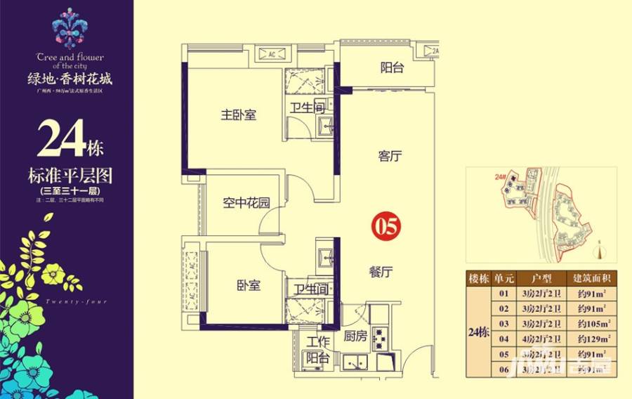 绿地香树花园3室2厅2卫91㎡户型图