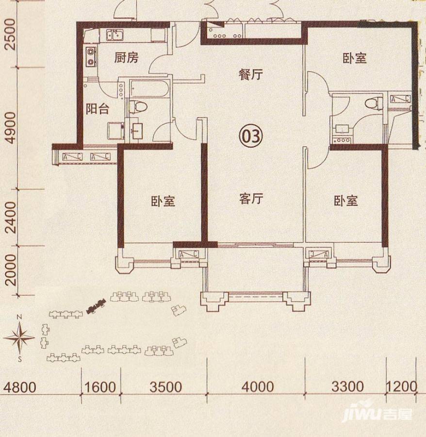 中海千灯湖1号3室2厅2卫137.8㎡户型图