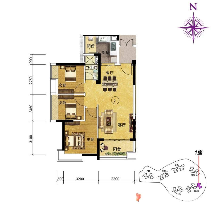 上林苑3室2厅1卫81.2㎡户型图