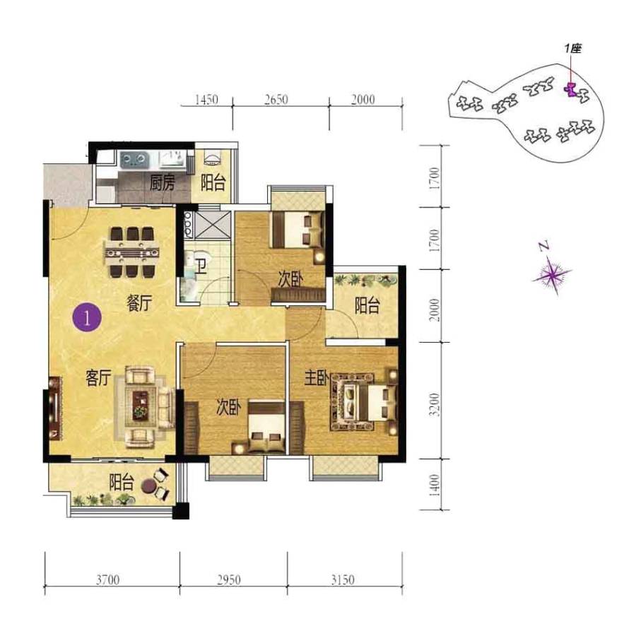 上林苑3室2厅1卫91.3㎡户型图