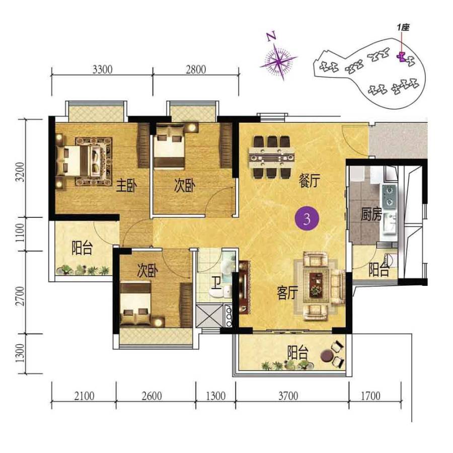 上林苑3室2厅1卫91㎡户型图