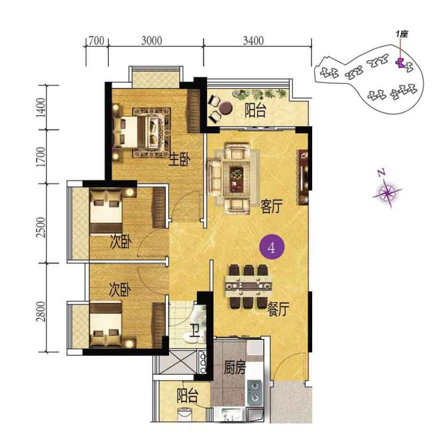 上林苑3室2厅1卫81.4㎡户型图