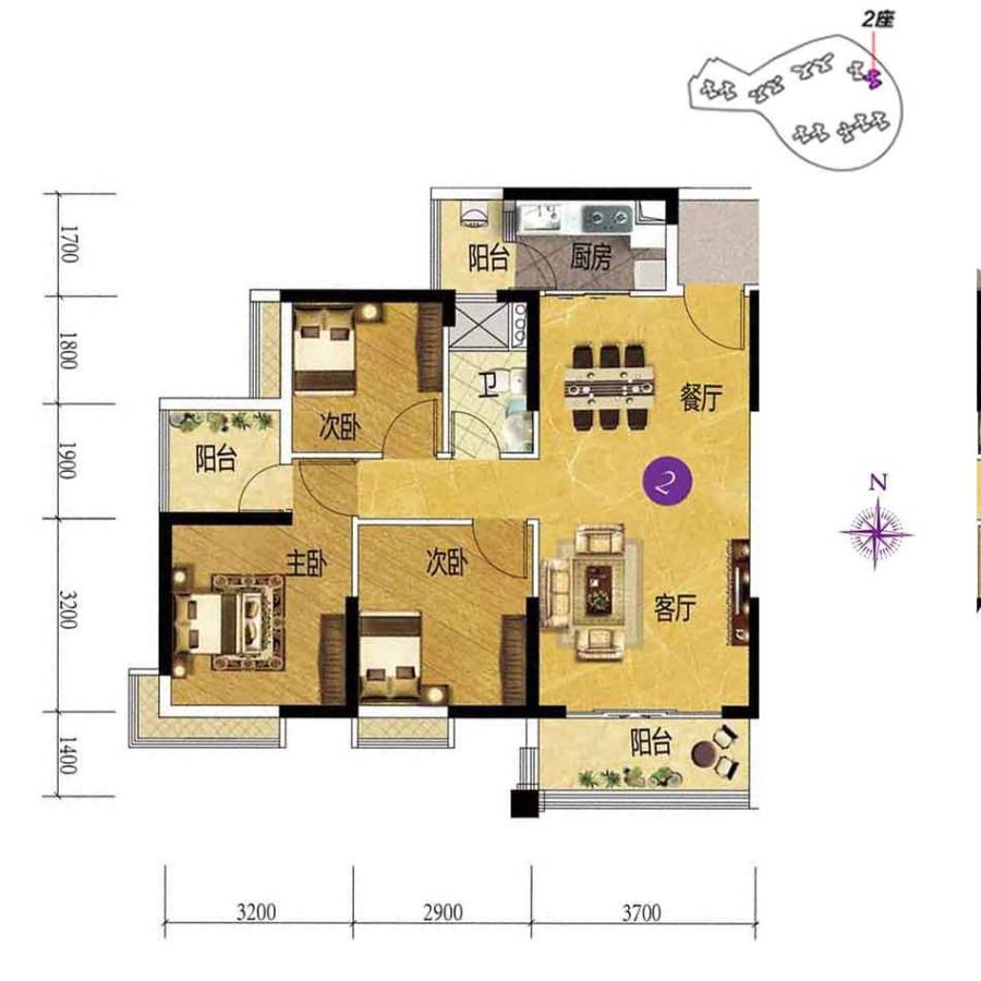 上林苑3室2厅1卫91.3㎡户型图