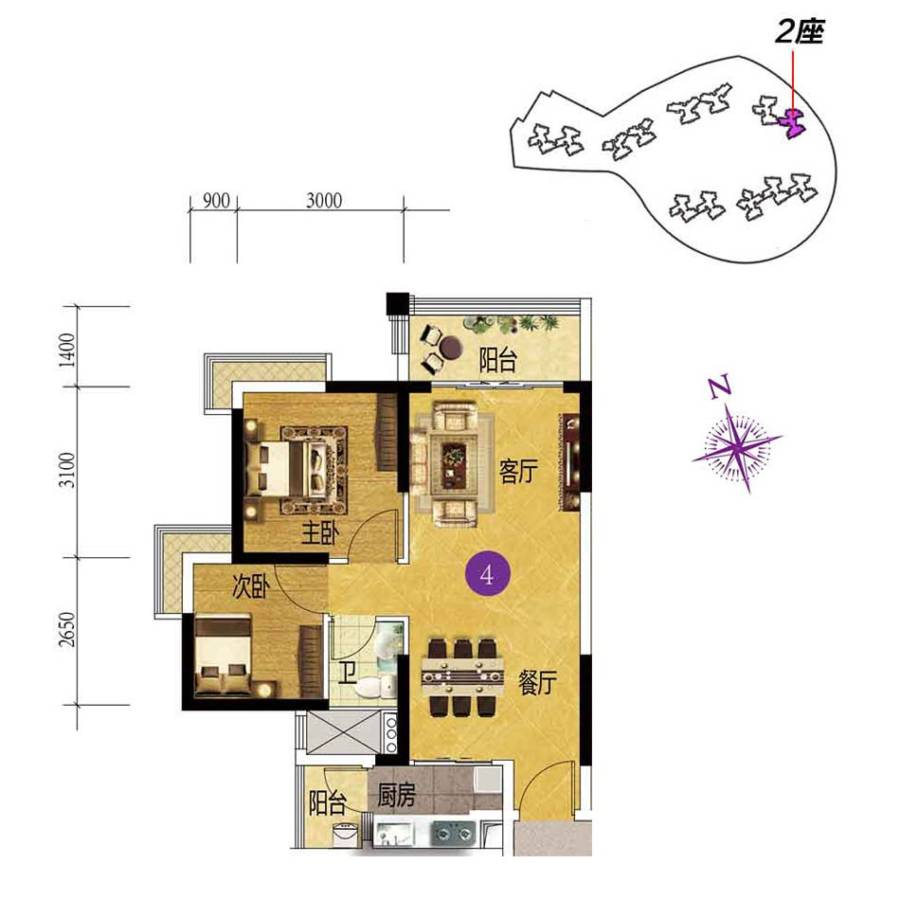 上林苑2室2厅2卫68.3㎡户型图