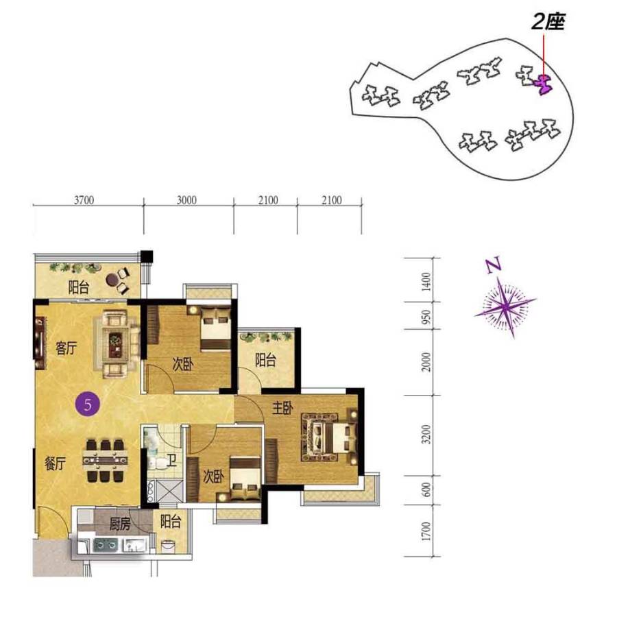 上林苑3室2厅2卫91.7㎡户型图