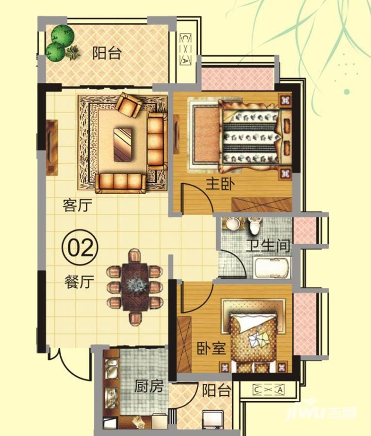 天鹅湾2室2厅1卫85㎡户型图