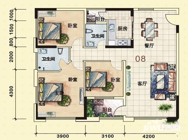 汇一城2室2厅1卫85.4㎡户型图