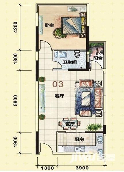 汇一城3室2厅1卫117㎡户型图