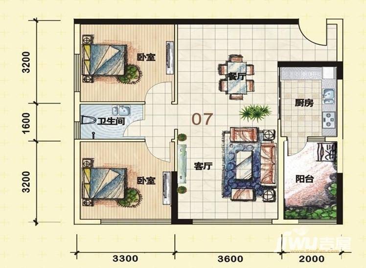 汇一城2室2厅1卫81.2㎡户型图