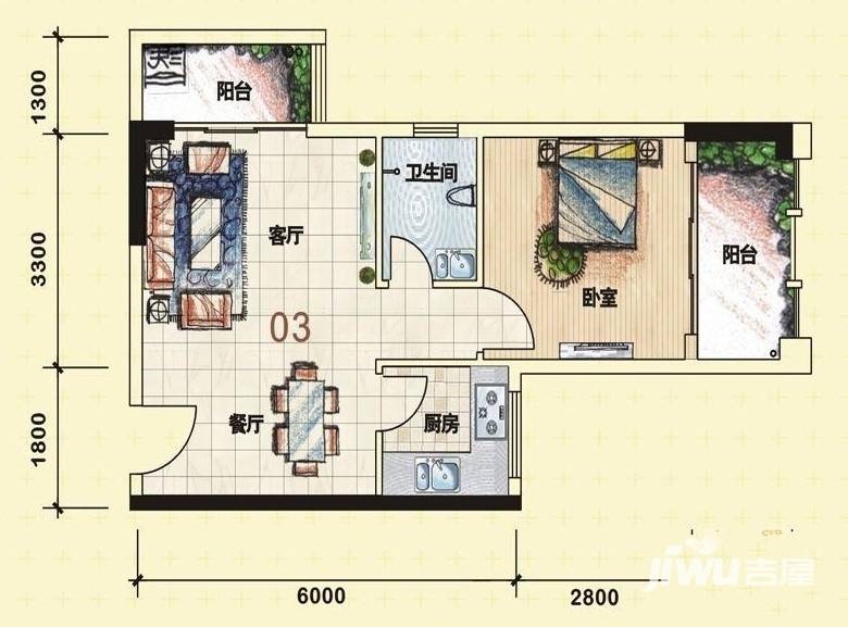 汇一城1室2厅1卫78.2㎡户型图