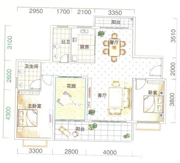 城市代号3室2厅2卫123.6㎡户型图