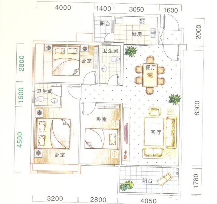 城市代号3室2厅2卫108.6㎡户型图