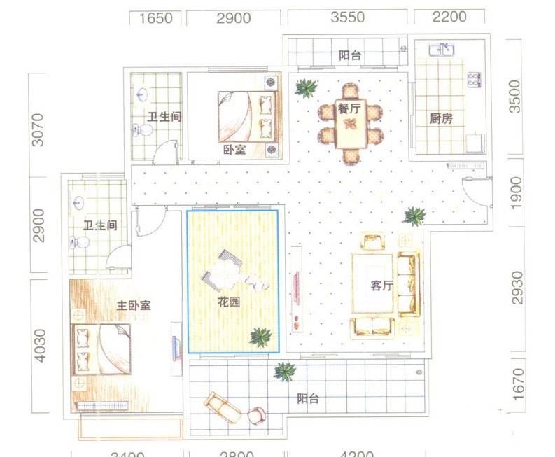 城市代号3室2厅2卫124.4㎡户型图